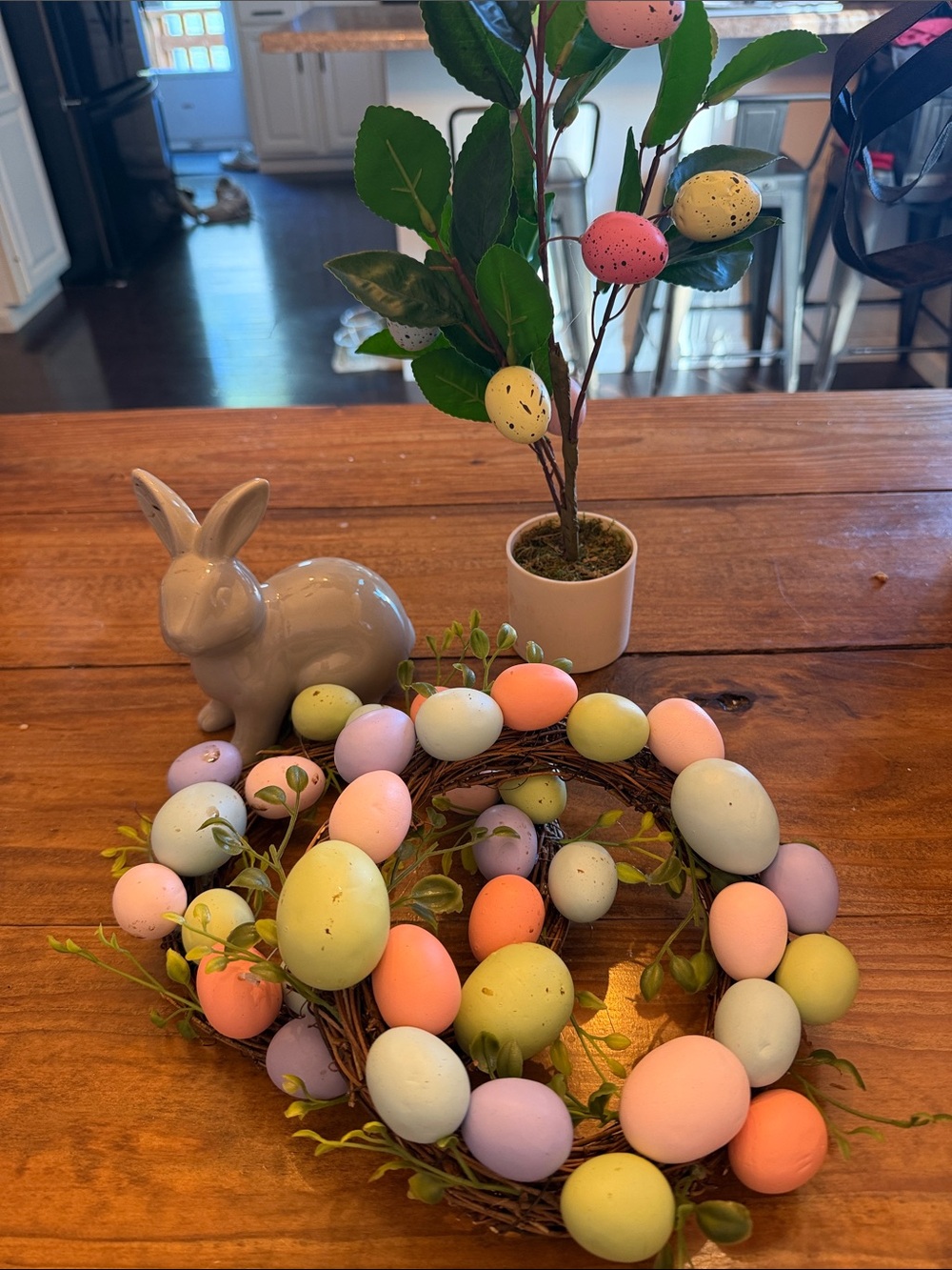 Easter decor (2 wreaths, ceramic rabbit, egg tree)